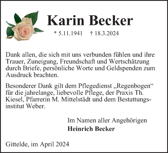 Traueranzeige von Karin Becker von Harz Kurier