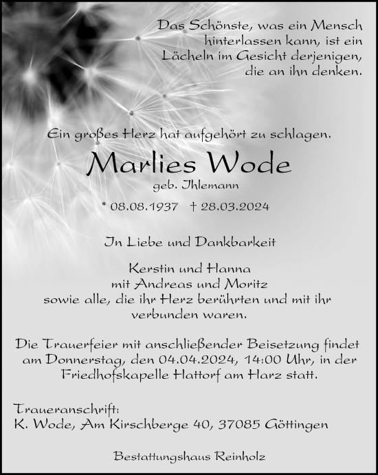 Traueranzeige von Marlies Wode von Harz Kurier
