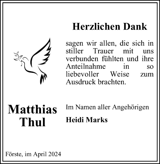 Traueranzeige von Matthias Thul von Harz Kurier