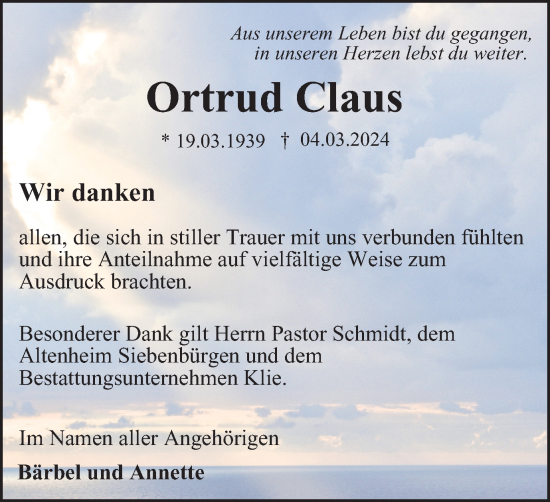 Traueranzeige von Ortrud Claus von Harz Kurier