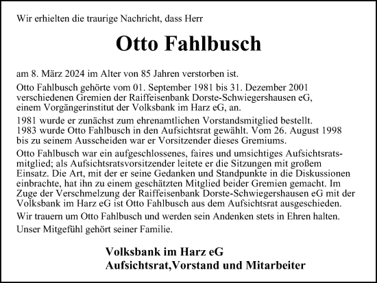 Traueranzeige von Otto Fahlbusch von Harz Kurier