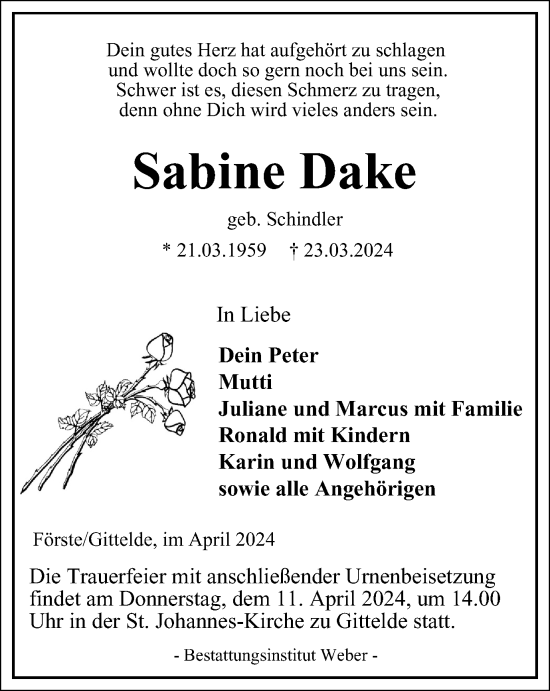 Traueranzeige von Sabine Dake von Harz Kurier
