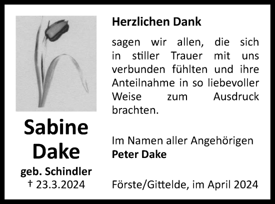 Traueranzeige von Sabine Dake von Harz Kurier