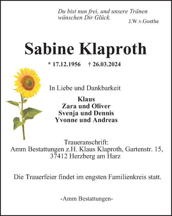 Traueranzeige von Sabine Klaproth von Harz Kurier