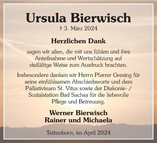 Traueranzeige von Ursula Bierwisch von Harz Kurier