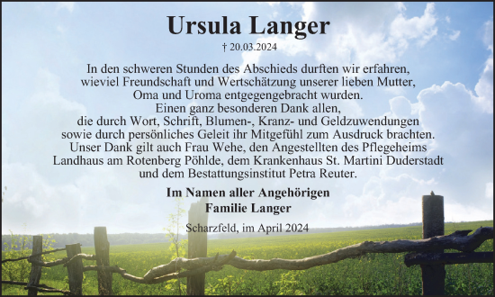 Traueranzeige von Ursula Langer von Harz Kurier
