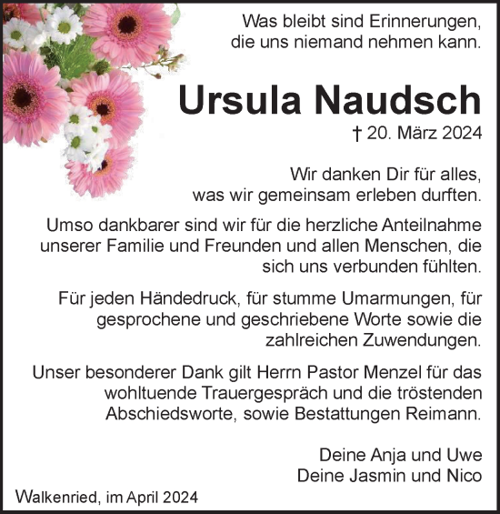 Traueranzeige von Ursula Naudsch von Harz Kurier