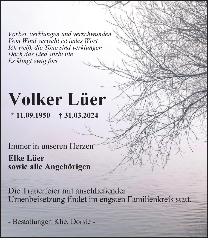  Traueranzeige für Volker Lüer vom 06.04.2024 aus Harz Kurier