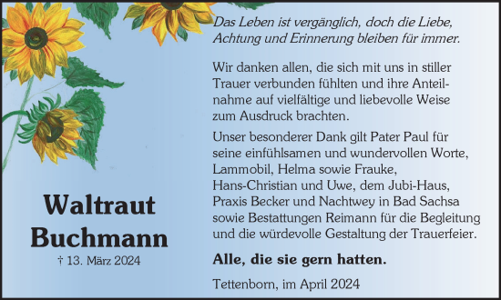 Traueranzeige von Waltraut Buchmann von Harz Kurier