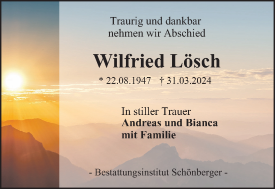 Traueranzeige von Wilfried Lösch von Harz Kurier
