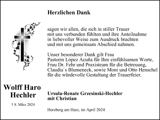 Traueranzeige von Wolff Haro Hechler von Harz Kurier