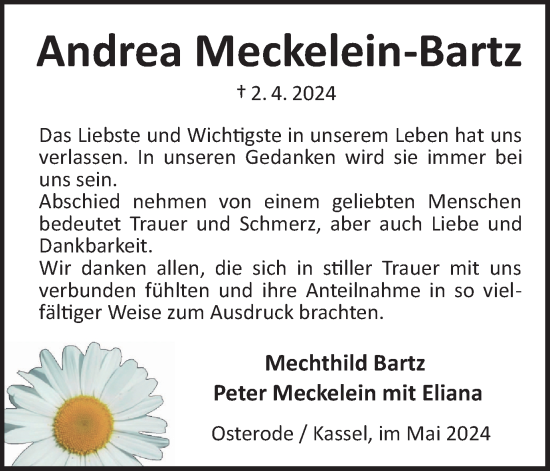 Traueranzeige von Andrea Meckelein-Bartz von Harz Kurier