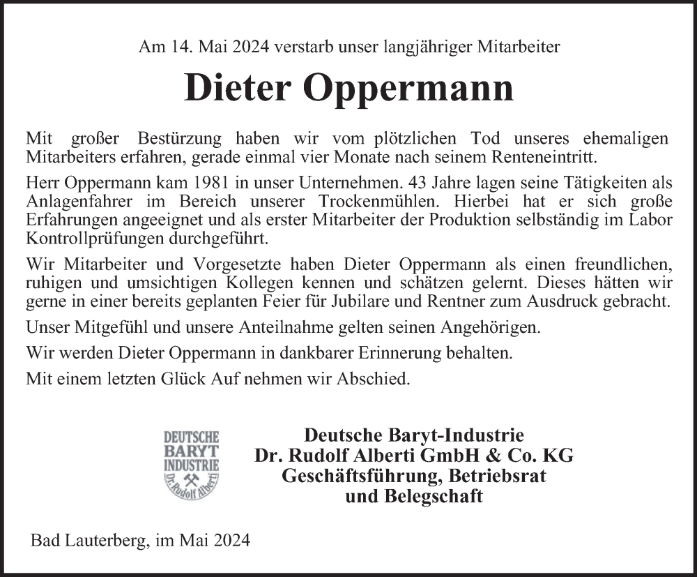 Traueranzeige für Dieter Oppermann vom 18.05.2024 aus Harz Kurier