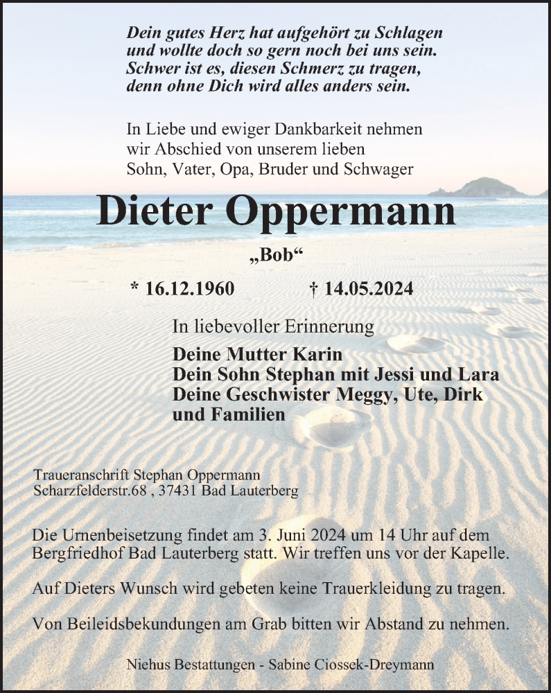  Traueranzeige für Dieter Oppermann vom 18.05.2024 aus Harz Kurier