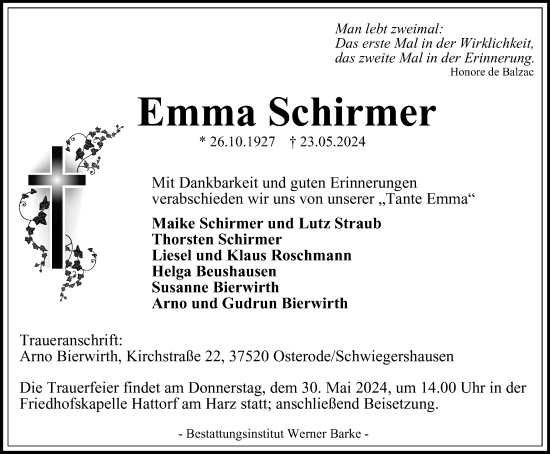Traueranzeige von Emma Schirmer von Harz Kurier