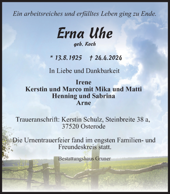 Traueranzeige von Erna Uhe von Harz Kurier