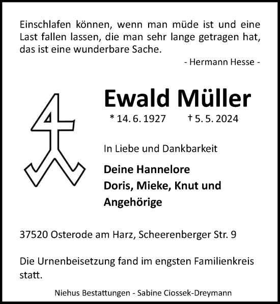 Traueranzeige von Ewald Müller von Harz Kurier