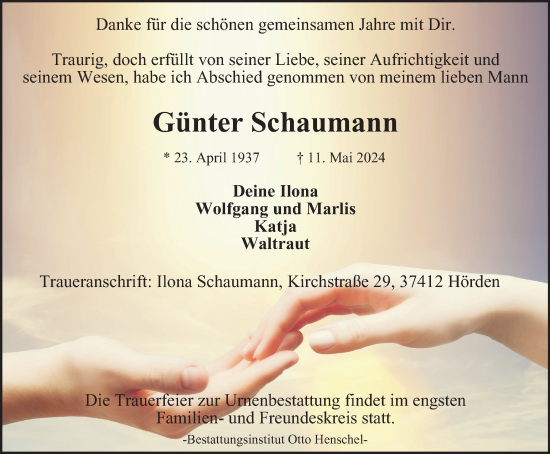 Traueranzeige von Günter Schaumann von Harz Kurier