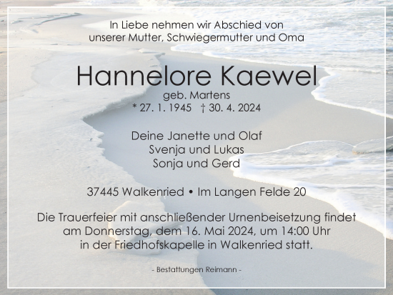 Traueranzeige von Hannelore Kaewel von Harz Kurier