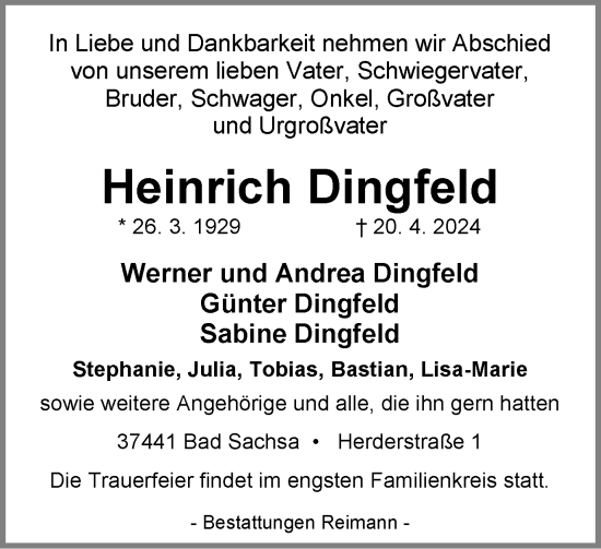 Traueranzeige von Heinrich Dingfeld von Harz Kurier