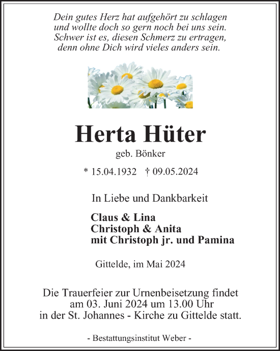 Traueranzeige von Herta Hüter von Harz Kurier