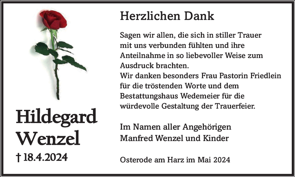  Traueranzeige für Hildegard Wenzel vom 18.05.2024 aus Harz Kurier