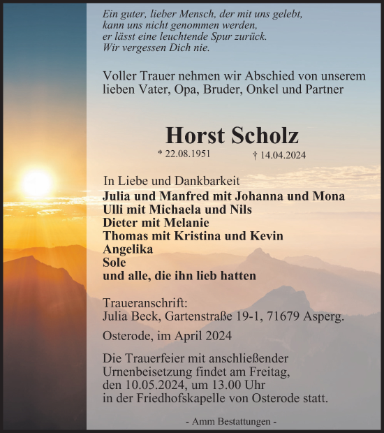 Traueranzeige von Horst Scholz von Harz Kurier