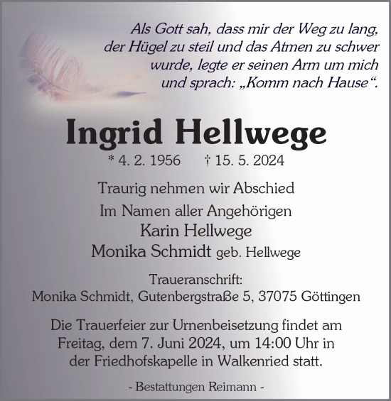 Traueranzeige von Ingrid Hellwege von Harz Kurier