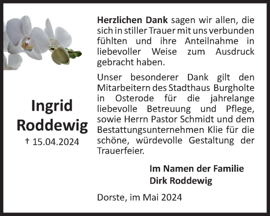 Traueranzeige von Ingrid Roddewig von Harz Kurier