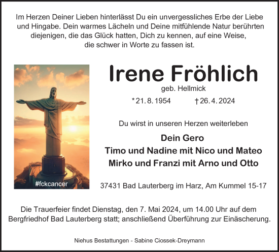 Traueranzeige von Irene Fröhlich von Harz Kurier