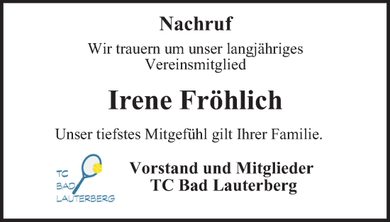 Traueranzeige von Irene Fröhlich von Harz Kurier