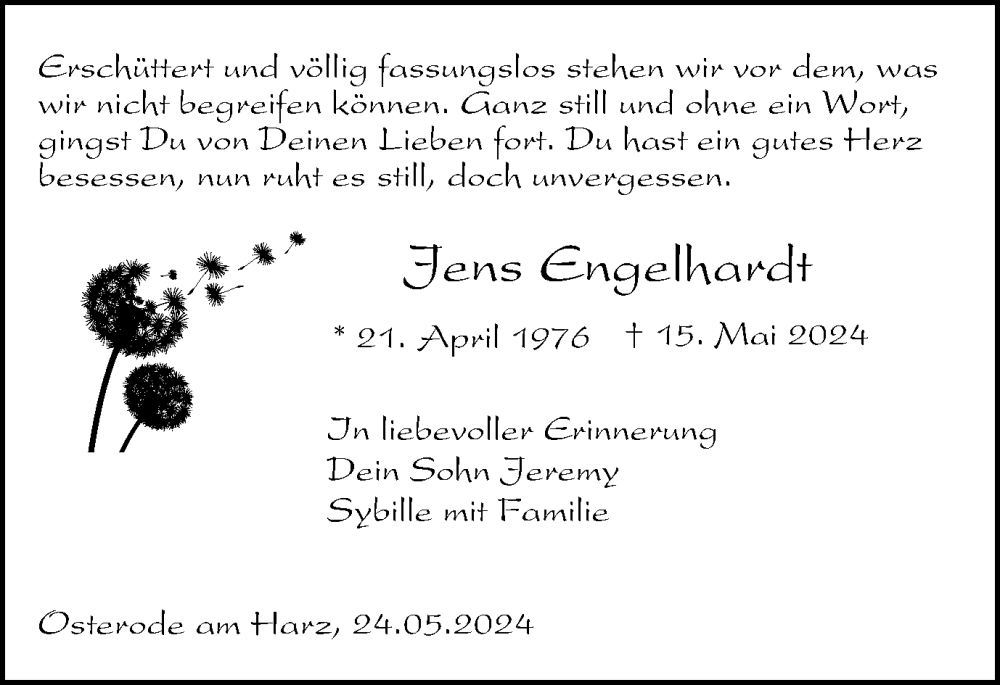  Traueranzeige für Jens Engelhardt vom 28.05.2024 aus Harz Kurier