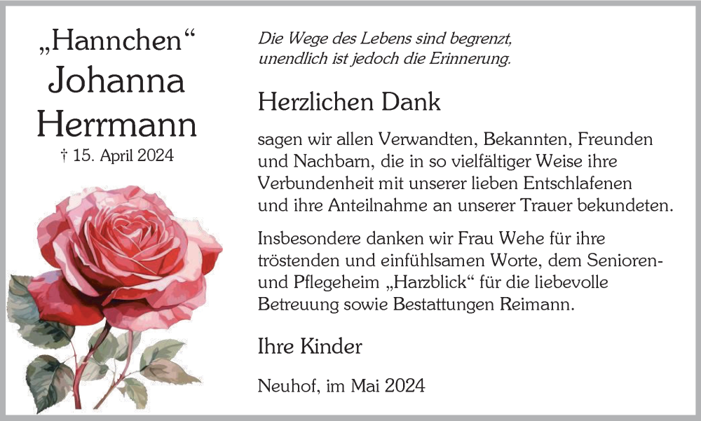 Traueranzeige für Johanna Herrmann vom 18.05.2024 aus Harz Kurier