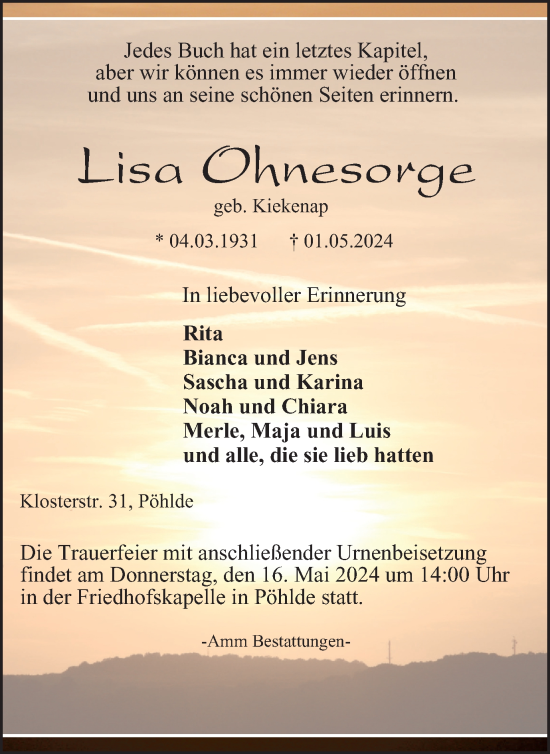 Traueranzeige von Lisa Ohnesorge von Harz Kurier