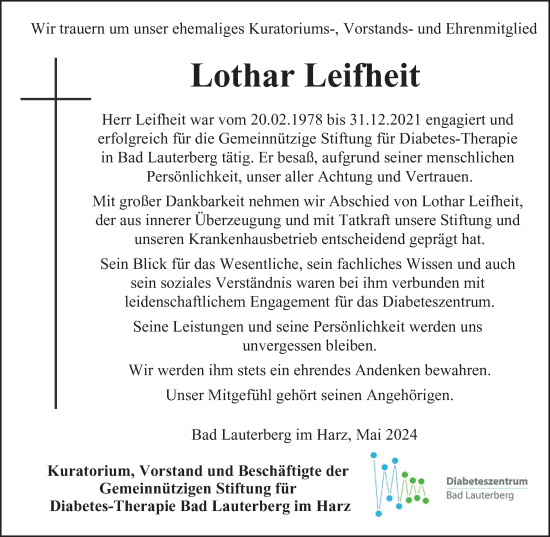 Traueranzeige von Lothar Leifheit von Harz Kurier
