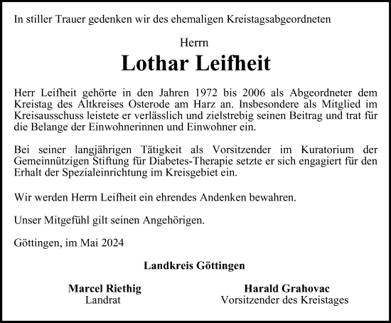 Traueranzeige von Lothar Leifheit von Harz Kurier