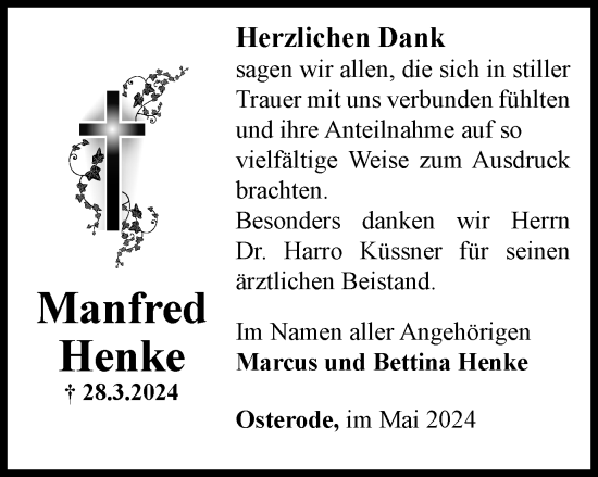 Traueranzeige von Manfred Henke von Harz Kurier