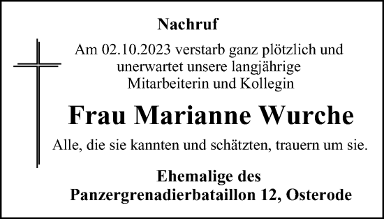 Traueranzeige von Marianne Wurche von Harz Kurier