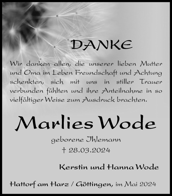 Traueranzeige von Marlies Wode von Harz Kurier