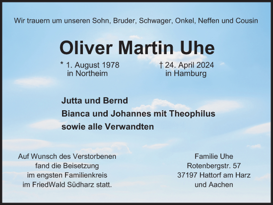 Traueranzeige von Oliver Martin Uhe von Harz Kurier