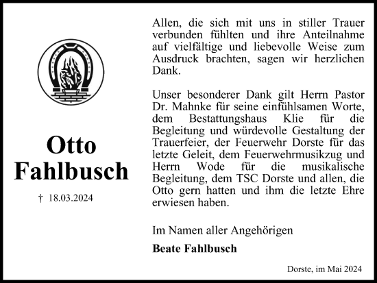 Traueranzeige von Otto Fahlbusch von Harz Kurier