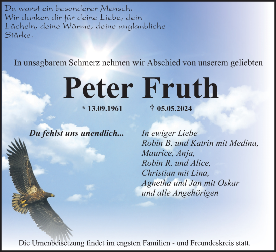 Traueranzeige von Peter Fruth von Harz Kurier
