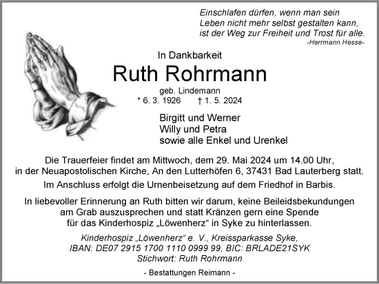 Traueranzeige von Ruth Rohrmann von Harz Kurier