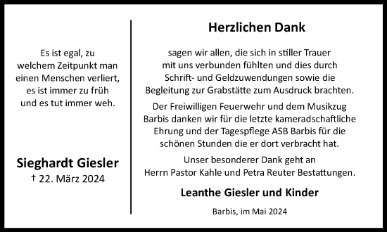 Traueranzeige von Sieghardt Giesler von Harz Kurier