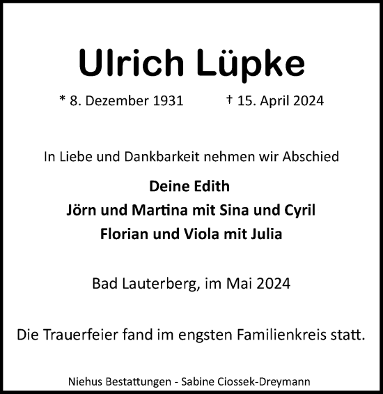 Traueranzeige von Ulrich Lüpke von Harz Kurier