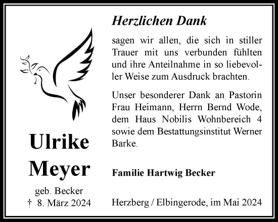 Traueranzeige von Ulrike Meyer von Harz Kurier