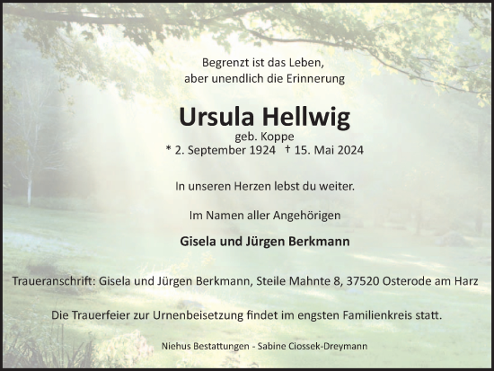 Traueranzeige von Ursula Hellwig von Harz Kurier
