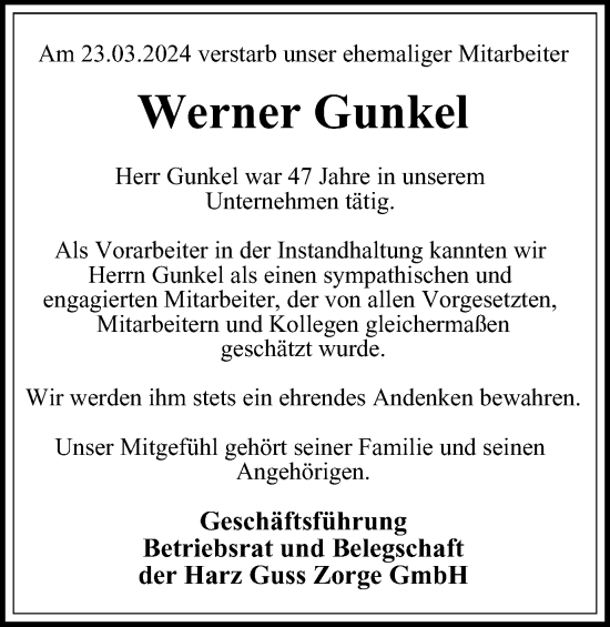Traueranzeige von Werner Gunkel von Harz Kurier