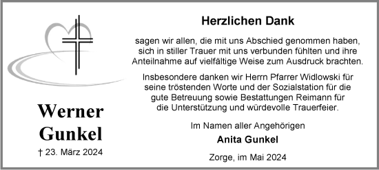 Traueranzeige von Werner Gunkel von Harz Kurier