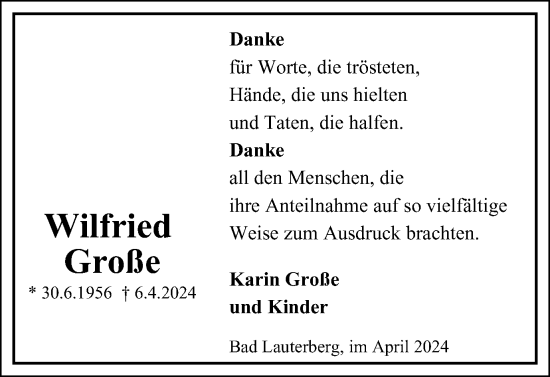 Traueranzeige von Wilfried Große von Harz Kurier